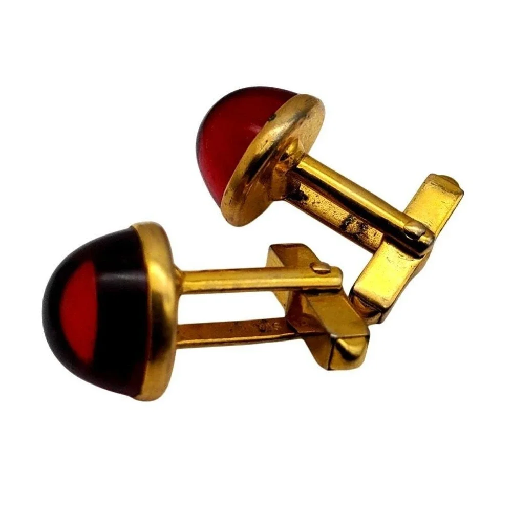 Swank Blood Red Dome Cufflinks Lucite Gold Tone Round Acrylic Mens Vtg Accessory
